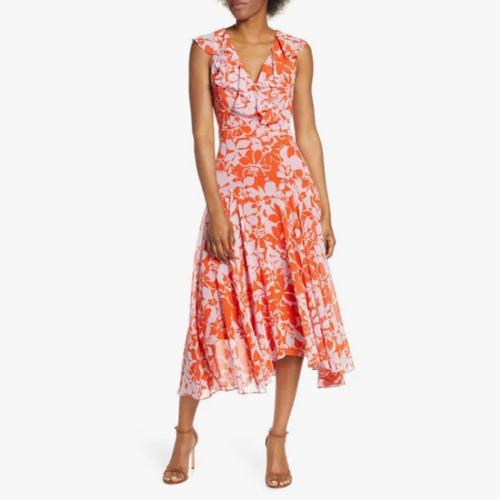 Eliza J Print Handkerchief Hem Midi Dress V Neck Poppy Orange Pink Size 8